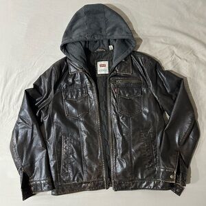 Men's Brown Leather Jacket with Hood